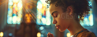 Buy stock photo African lady, prayer and faith for religion, church or cathedral for hope or spirituality. Woman, hands or worship for gratitude, forgiveness and holy gospel for God or Jesus Christ with Christianity