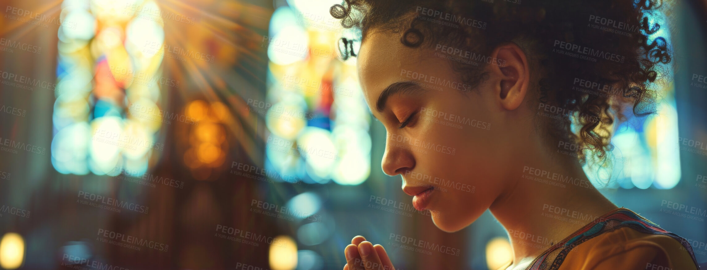 Buy stock photo African lady, prayer and faith for religion, church or cathedral for hope or spirituality. Woman, hands or worship for gratitude, forgiveness and holy gospel for God or Jesus Christ with Christianity