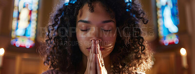Buy stock photo African girl, prayer and faith for religion, church or cathedral for hope or spirituality. Woman, banner and worship for gratitude, peace or holy gospel for God or Jesus Christ with Christianity