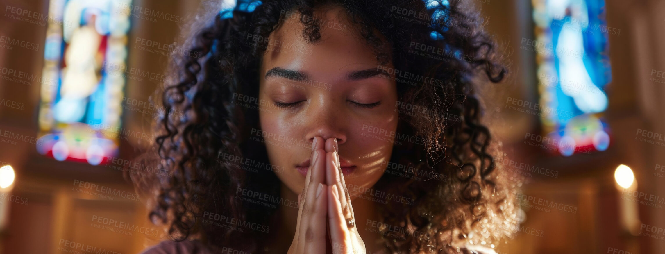 Buy stock photo African girl, prayer and faith for religion, church or cathedral for hope or spirituality. Woman, banner and worship for gratitude, peace or holy gospel for God or Jesus Christ with Christianity