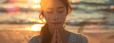 Buy stock photo Asian woman, peace and beach with praying at sunset for spiritual, worship in nature for meditation. Female person, calm and ocean with hands for God in banner, faith and mindfulness with prayer