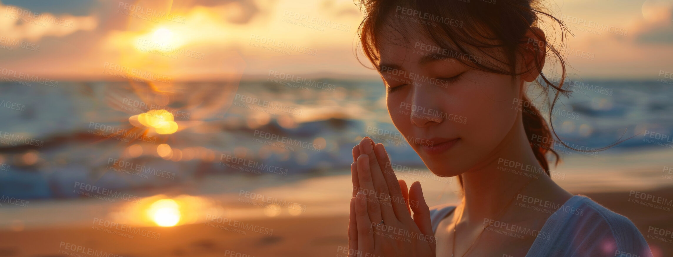 Buy stock photo Asian woman, peace or ocean with praying at sunset for spiritual, worship in nature or meditation. Female person, calm or beach with hands for God or hope in banner, faith and mindfulness with prayer