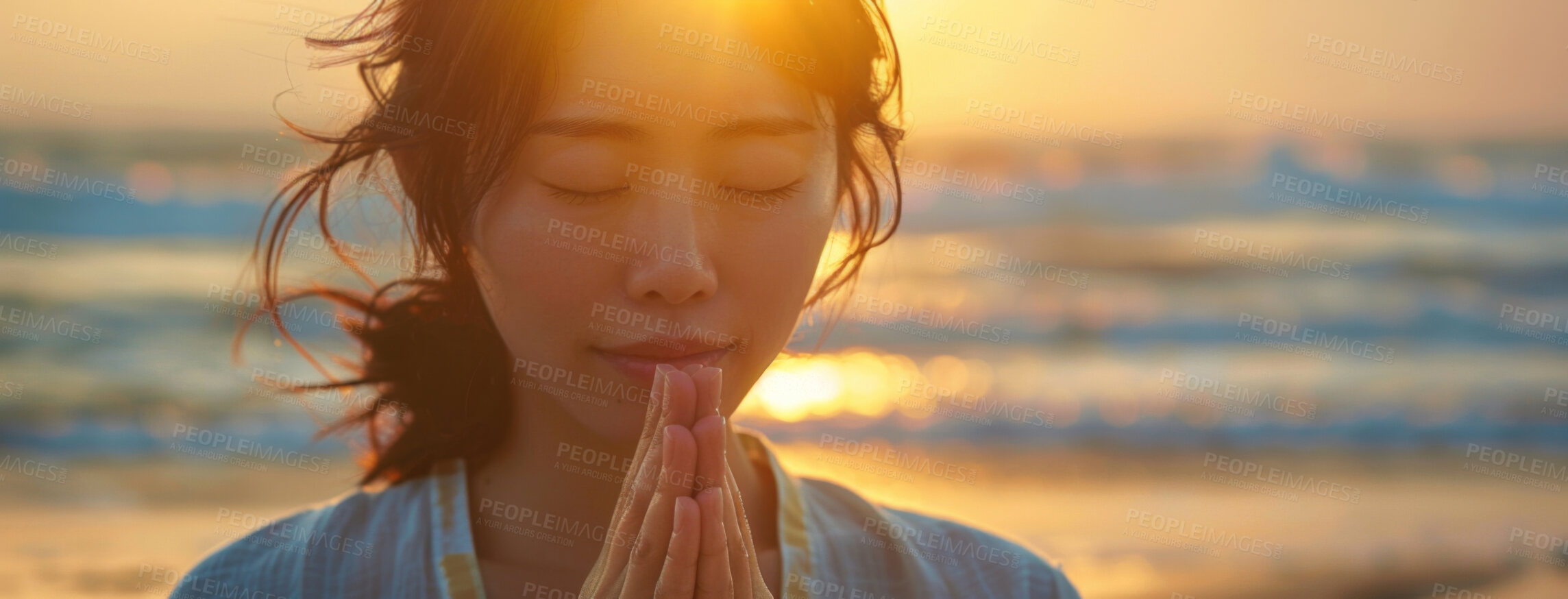 Buy stock photo Woman, calm and beach with praying at sunset for spiritual, worship in nature to meditate. Female person, peace and ocean with hands for God or hope in banner, faith and mindfulness with prayer