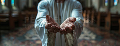 Buy stock photo Priest, gesture and hands with church or prayer for forgiveness with worship or praise with trust. Faith, christianity and religion for spirituality with heaven or hope with god for belief or support
