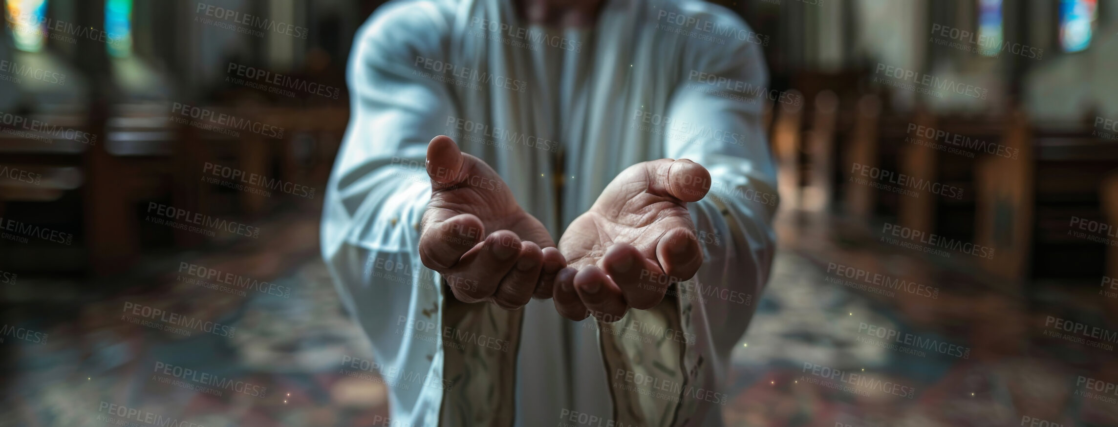 Buy stock photo Priest, gesture and hands with church or prayer for forgiveness with worship or praise with trust. Faith, christianity and religion for spirituality with heaven or hope with god for belief or support