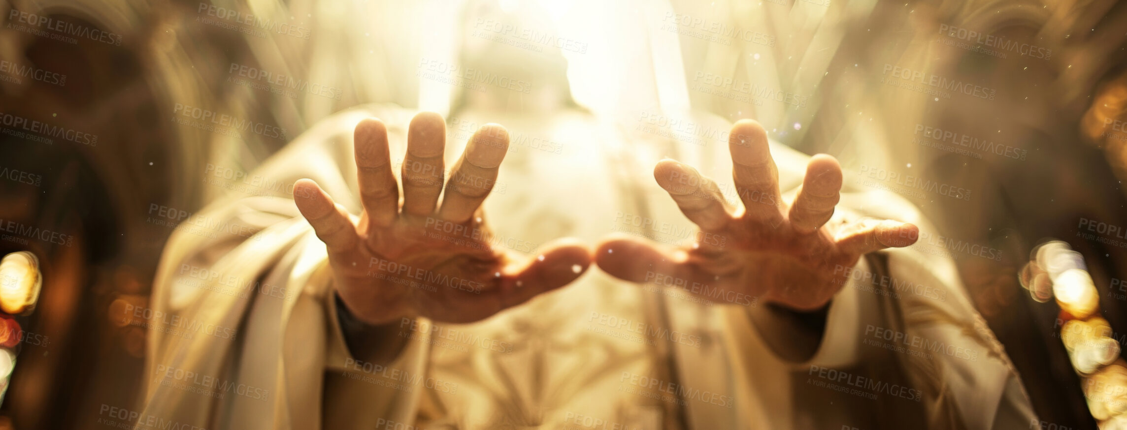 Buy stock photo Jesus, hands and church with man or prayer for forgiveness of sins with worship or praise. Religion, christianity and faith for spirituality with holy light or lens flare with god for belief banner