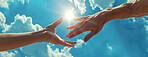 Clouds, blue sky and hands for religion with support, commitment and help from God. Lens flare, empathy and palms for connection, trust together and banner with peace, sunshine and love for heaven