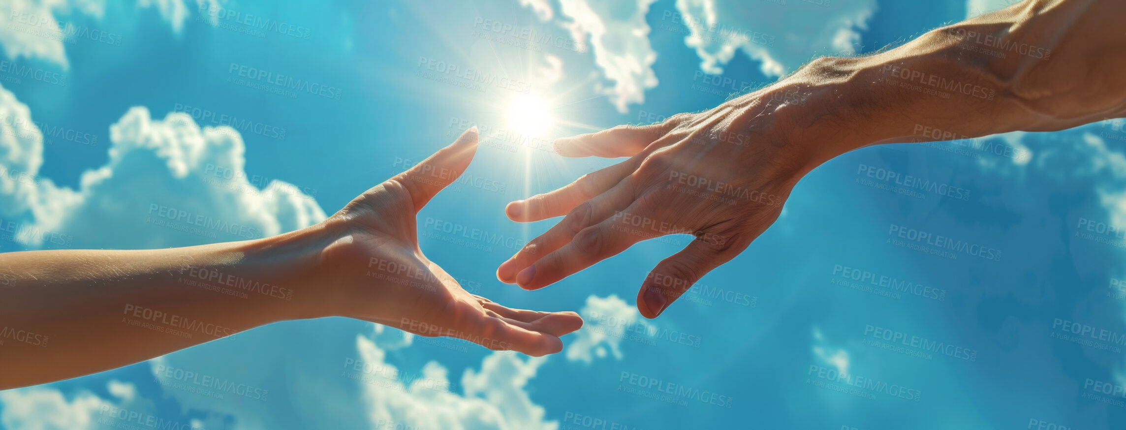 Buy stock photo Clouds, blue sky and hands for religion with support, commitment and help from God. Lens flare, empathy and palms for connection, trust together and banner with peace, sunshine and love for heaven