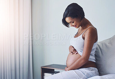 Buy stock photo Happy woman, pregnant and bed with belly for morning, motherhood or expecting at home. Young female person with smile for maternity, stomach or tummy with baby bump or pregnancy in bedroom at house