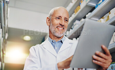 Buy stock photo Inventory, smile and tablet with mature pharmacist checking stock of medicine on shelves for online order. Healthcare, prescription and technology with happy employee in pharmacy for ecommerce