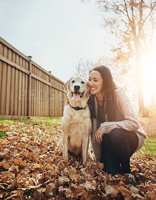 Buy stock photo Dog, woman and autumn with leaves and animal, garden and owner for best friend. Labrador, breed and loyal pet for happy female person, companion and park for walk or exercise with collar for bonding