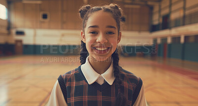 Buy stock photo Child, student and portrait in school hall or elementary youth or academic campus, confidence or scholarship. Girl, face and smile for education pride in uniform with studying, learning or future