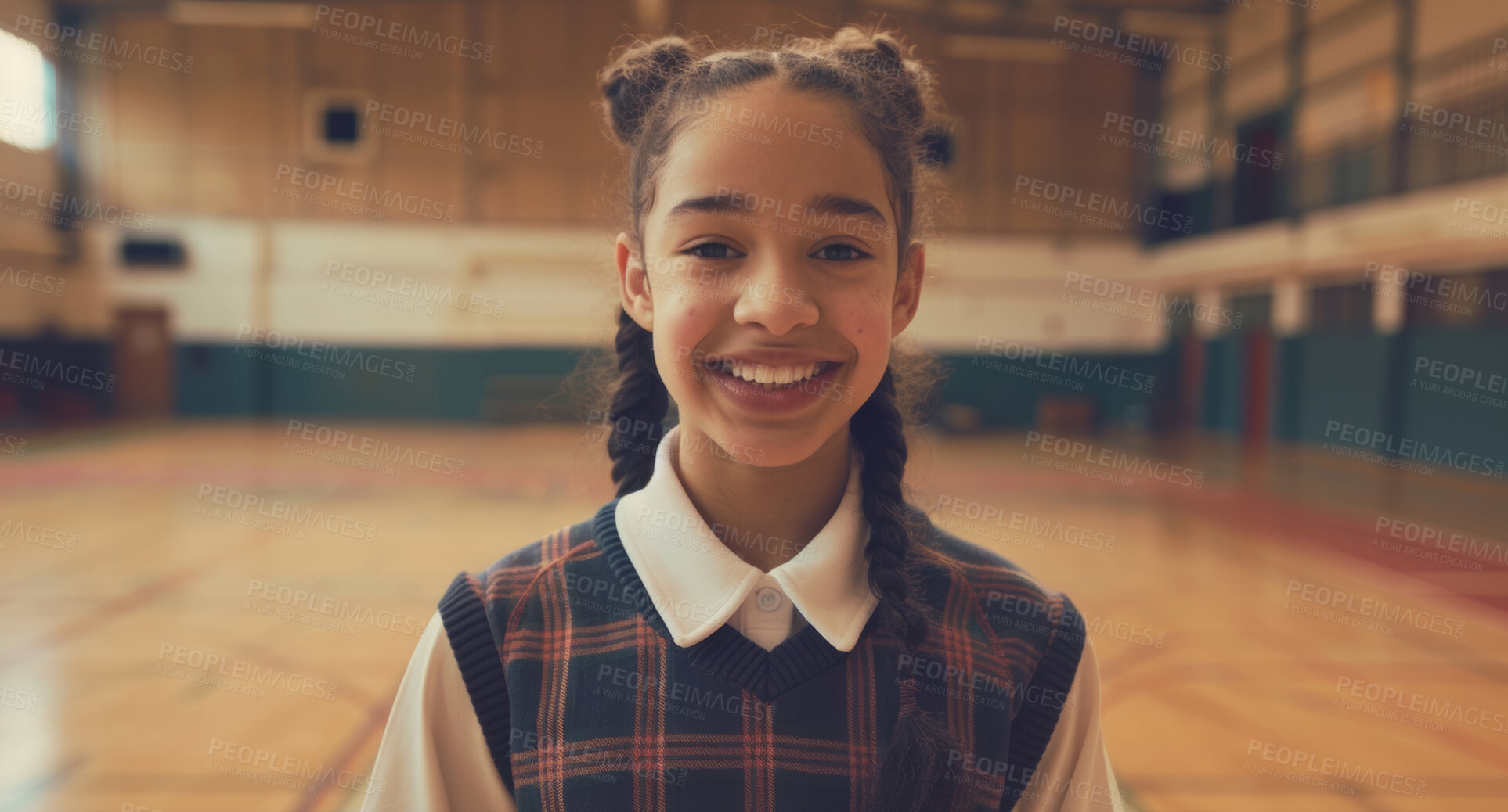 Buy stock photo Child, student and portrait in school hall or elementary youth or academic campus, confidence or scholarship. Girl, face and smile for education pride in uniform with studying, learning or future