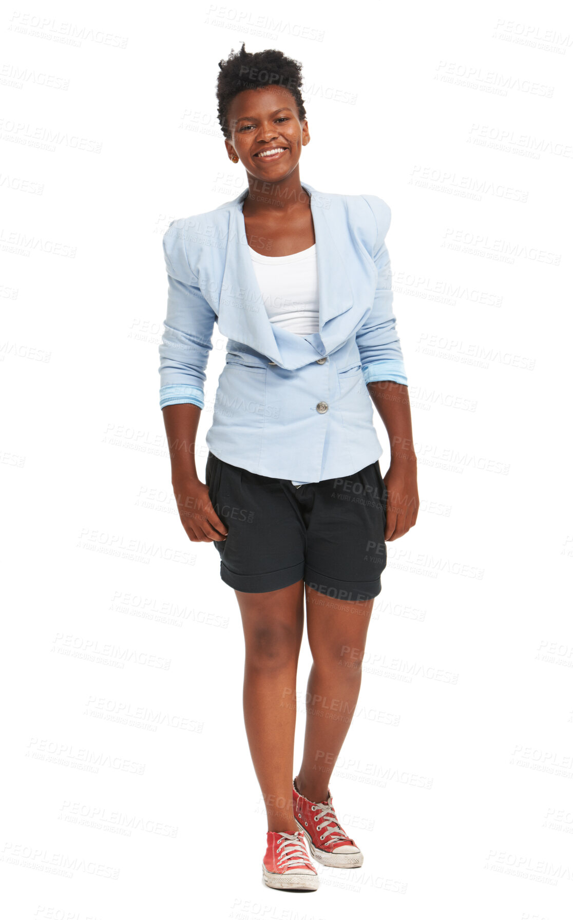 Buy stock photo Woman, smile and fashion clothes for unique trendy style, happiness or natural beauty. Female person, portrait face and designer in studio for luxury retail outfit, laugh or personality or good mood