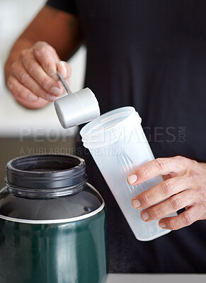 Buy stock photo Man, hands and preparing protein shake for nutrition, muscle gain or body mass product and supplement. Hand of male bodybuilder making pre workout or powder drink for exercise or healthy meal at home
