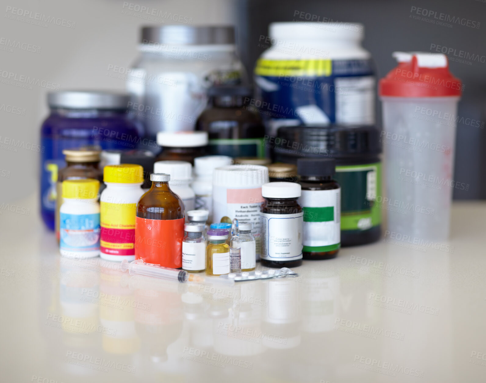 Buy stock photo Medicine, pills and powder with a syringe on table for healthcare. Steroids, medical equipment and supplements together for athlete or bodybuilder muscle growth, nutrition and pharmaceutical products