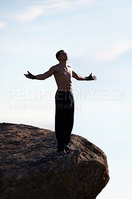 Buy stock photo Mountain top, freedom and fitness man with open arms in nature for training, wellness or sports on sky background. Exercise, success and athlete with morning cardio, gratitude or workout celebration