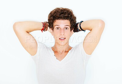 Buy stock photo Shock, accessories or portrait of person in studio on white background for fashion, swag or unique style. Wow, man or bracelet jewellery on a young punk male model for trendy or edgy expression