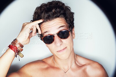 Buy stock photo Portrait of happy man with hand on hair, sunglasses and fashion on white background with attractive person. Cool style, modern creative and face of handsome male model with confident smile in studio.