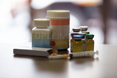 Buy stock photo Closeup of an assortment of bodybuilding supplements/steroids