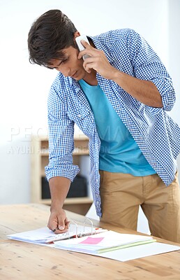 Buy stock photo Businessman, phone call and documents in office for networking, communication or marketing planning. Person, smartphone and paperwork with technology for entrepreneur and discussion at workplace