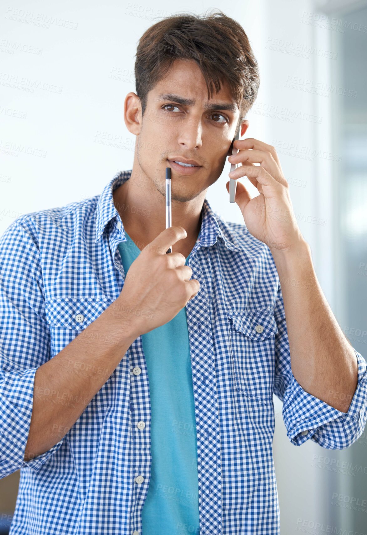 Buy stock photo Man, phone call and conversation on technology, talking and networking or connection, mobile and chat. Indian male person, smartphone and discussion for deal, communication and speak on cellphone