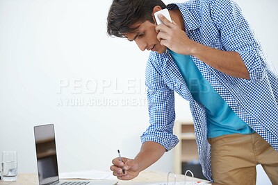 Buy stock photo Businessman, phone call and writing with laptop for networking, communication or documents in office. Person, smartphone and paperwork with technology for entrepreneur and discussion at workplace