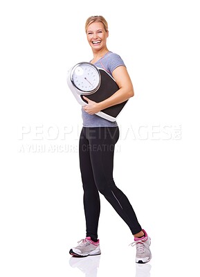 Buy stock photo Fitness, scale and portrait of happy woman with body, workout and wellness with healthy pride in studio. Health, exercise and girl with smile, weight loss measurement and isolated on white background