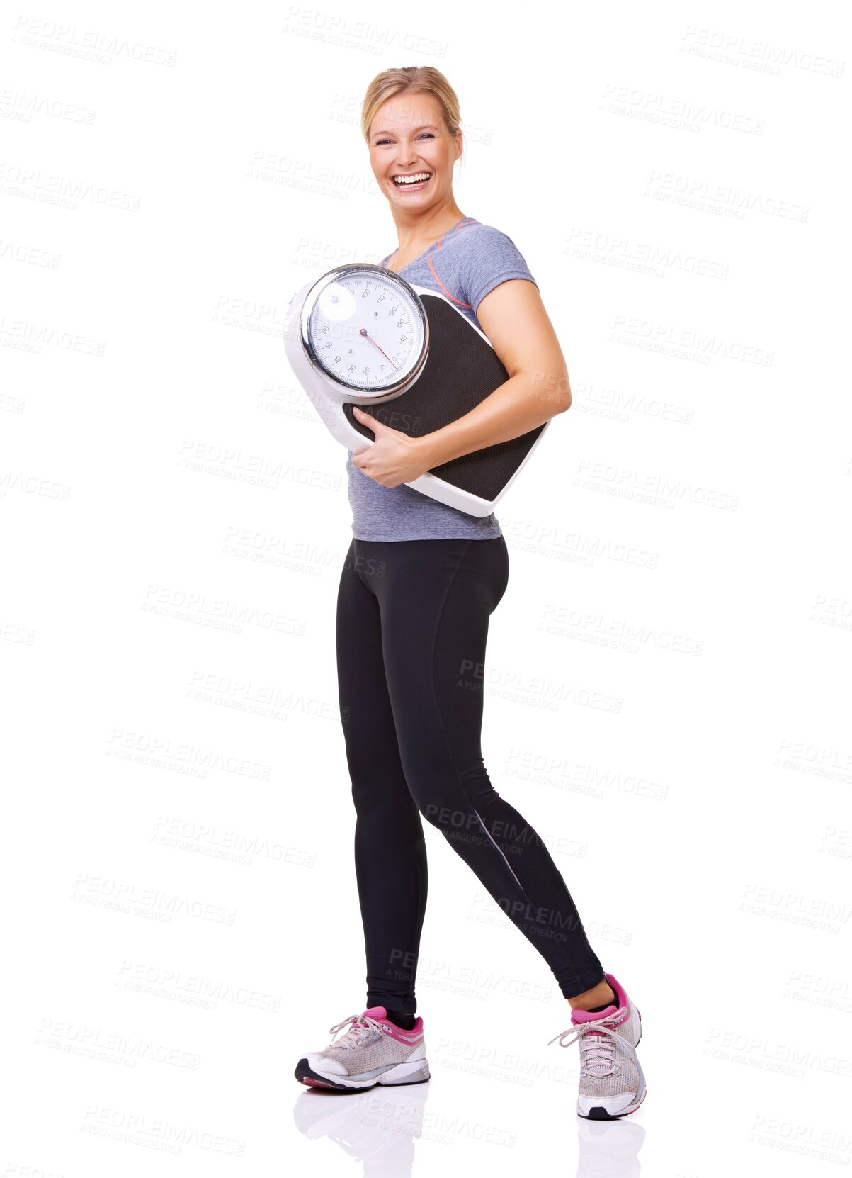 Buy stock photo Fitness, scale and portrait of happy woman with body, workout and wellness with healthy pride in studio. Health, exercise and girl with smile, weight loss measurement and isolated on white background