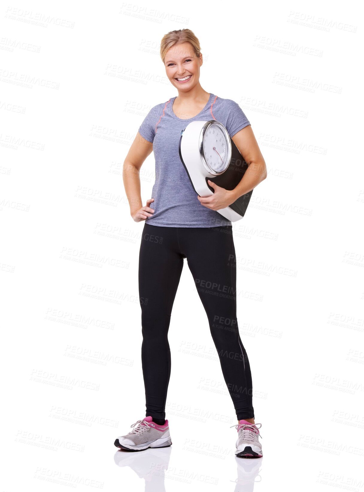 Buy stock photo Fitness, scale and portrait of woman with confidence, workout and wellness with healthy body in studio. Health, exercise commitment and happy girl with weight loss measurement on white background.
