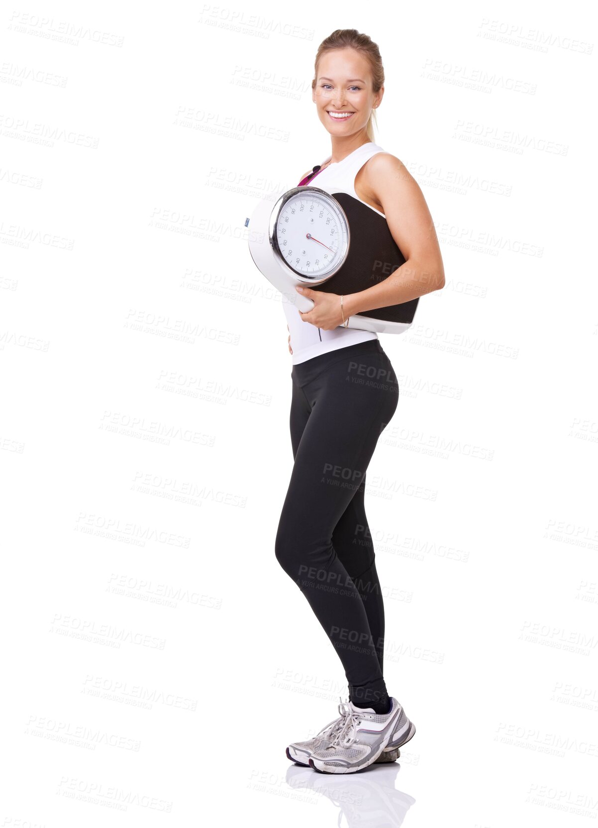 Buy stock photo Fitness, scale and portrait of woman with smile, workout and  wellness with healthy pride in studio. Health, exercise and body of happy girl with weight loss measurement isolated on white background.
