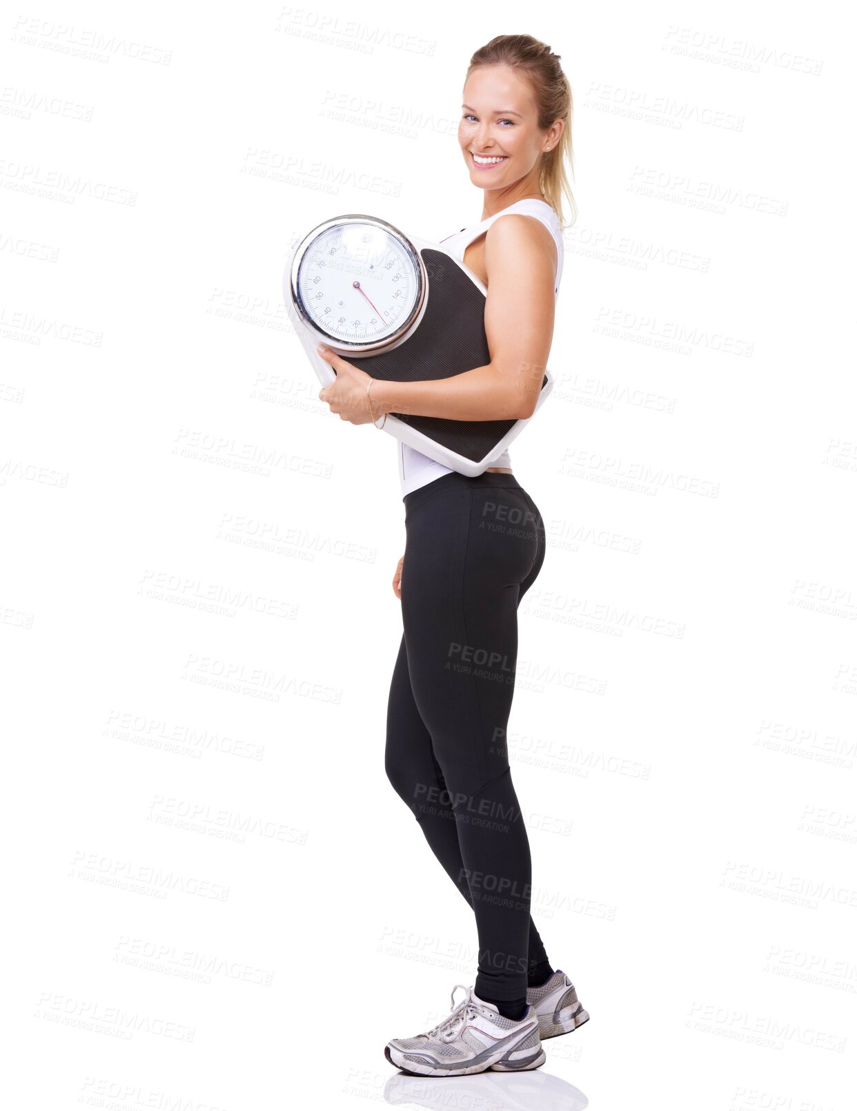 Buy stock photo Workout, scale and portrait of woman with confidence, fitness and wellness with healthy body in studio. Health, exercise commitment and happy girl with weight loss measurement on white background.