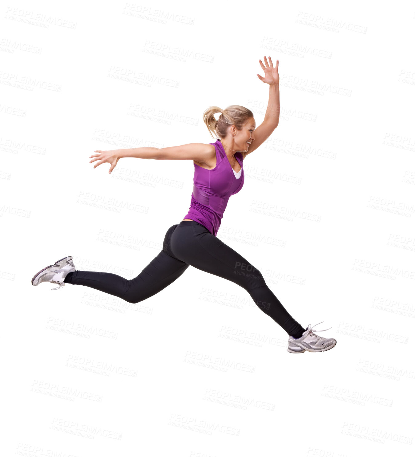 Buy stock photo Studio shot of a woman leaping through the air across the frame isolated on white