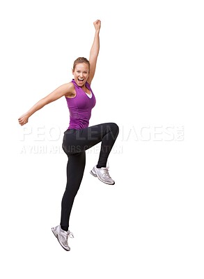 Buy stock photo Woman, cheers and jump in studio for fitness, workout and training celebration, energy or achievement. Excited portrait of sports model or runner stretching in air with success on a white background