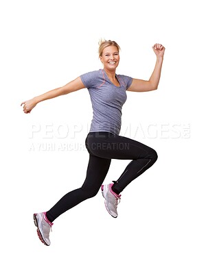 Buy stock photo Woman, running and jump for fitness success, workout and training celebration, energy or achievement in studio. Portrait of sports model or runner in air for exercise and cardio on a white background