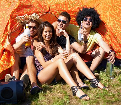 Buy stock photo People, music festival or happiness with drinks by tent, excited or wellness in nature with friends. Men, woman or social celebration for concert, weekend vacation or bonding for summer fun in woods