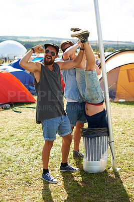 Buy stock photo Outdoor, trash or drunk friends in festival together for vacation or social event in summer. Music concert, funny party games or crazy people with freedom, smile or bin joke in holiday celebration