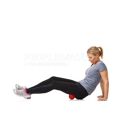 Buy stock photo Woman, massage ball and rehabilitation in studio, injury and health or wellness by white background. Female person, athlete and physical therapy or healing for muscles in legs and body in mockup
