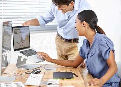Buy stock photo Business people, laptop and working on project together, editing and retouching image for agency. Teamwork, partnership and support or collaboration at creative company, brainstorming and screen