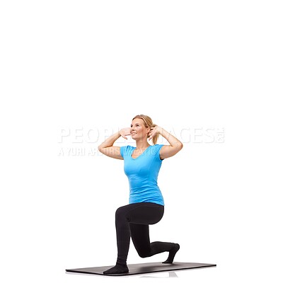 Buy stock photo Woman, lunge and fitness on mat, studio profile or stretching workout for exercise, health or white background. Girl, balance or idea in training, mockup space or muscle development process on floor
