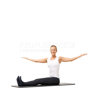 Buy stock photo Yoga, wellness and portrait of woman in studio for stretching, exercise and health. Workout, fitness and self care with female person on floor of white background for pilates, body and mockup space