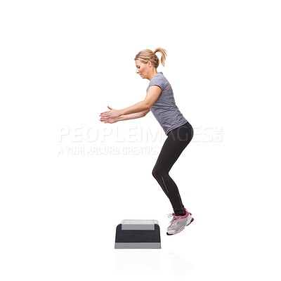 Buy stock photo Exercise, woman and aerobics with health, fitness and wellness isolated on a white studio background. Person, girl and model with steps, balance and workout with cardio, energy and mockup space