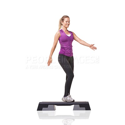 Buy stock photo Exercise, woman and aerobics with health, workout and wellness isolated on a white studio background. Person, girl and model with steps, fitness and training with cardio, healthy and mockup space