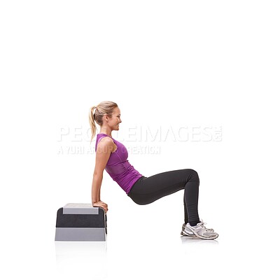 Buy stock photo Woman, aerobics step and exercise in studio profile with smile, training or health by white background. Girl, person and mockup space for workout, fitness or wellness on floor with balance for muscle