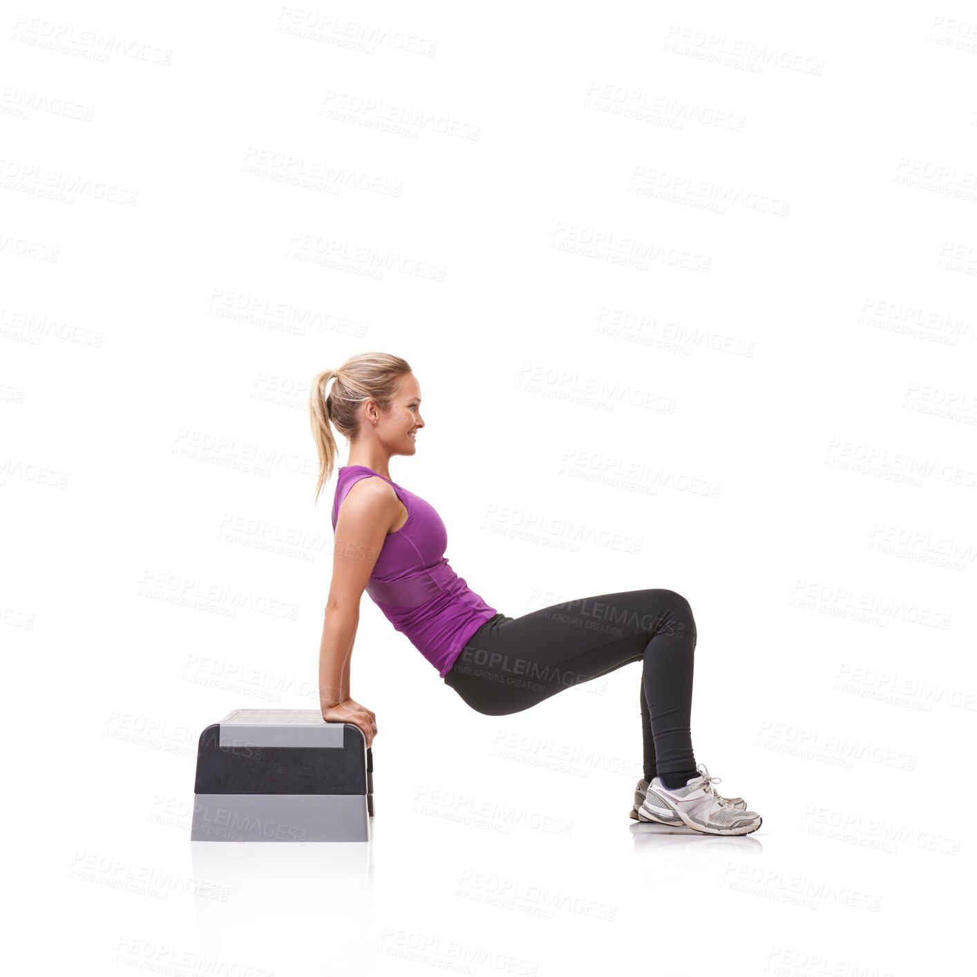 Buy stock photo Woman, aerobics step and exercise in studio profile with smile, training or health by white background. Girl, person and mockup space for workout, fitness or wellness on floor with balance for muscle