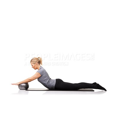 Buy stock photo Stretching arms, pilates or woman on ball in workout, exercise or body health isolated on a white studio background mockup space. Flexible, mat or person on equipment for balance, training or fitness