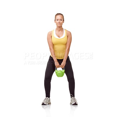 Buy stock photo Training, portrait and studio woman with kettlebell for muscle growth, strength development or weightlifting performance. Gym equipment, bodybuilding routine and athlete isolated on white background