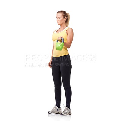 Buy stock photo Training, weightlifting and studio woman with kettlebell curl for muscle growth, arm strength development or bicep workout. Gym weights, active bodybuilding and female athlete on white background