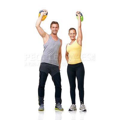 Buy stock photo Studio portrait, kettlebell exercise and happy people celebrate muscle growth, strength progress or weightlifting success. Winner, bodybuilding achievement and athlete team goals on white background