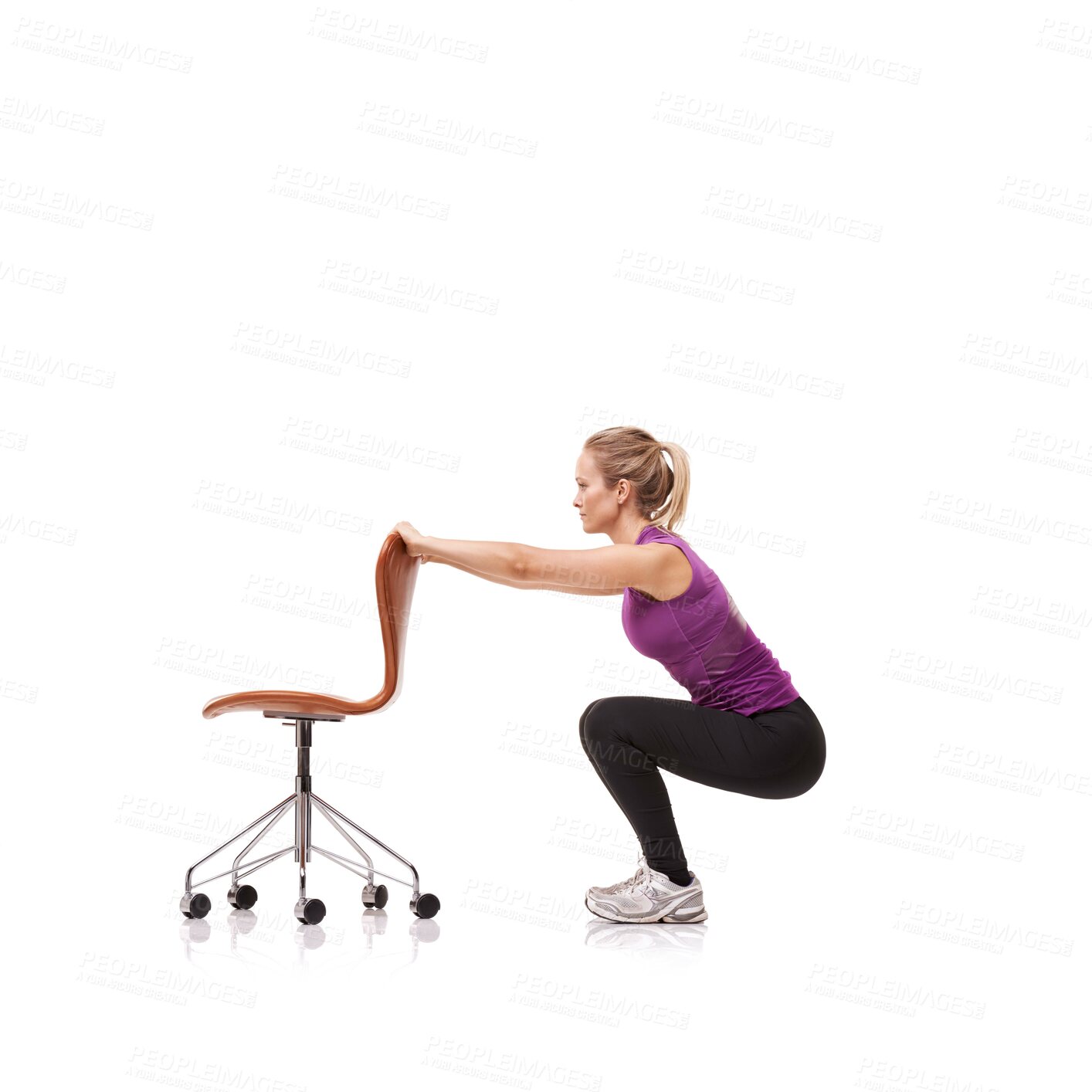 Buy stock photo Pilates, exercise and woman squat with chair or crouch in white background or studio. Stretching, body and person in workout with a seat for fitness, health and wellness practice for posture 